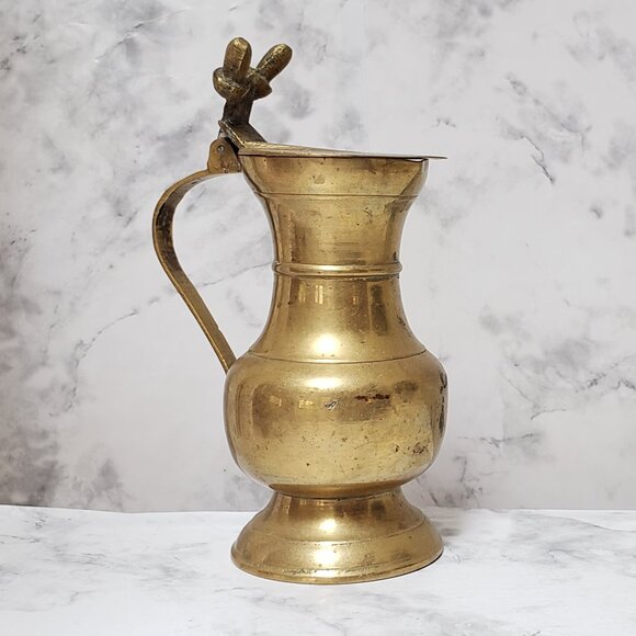 Vintage Brass Cream Pitcher Acorn Flip Lid Boho Home Decor Witchy Whimsigoth - Picture 8 of 12